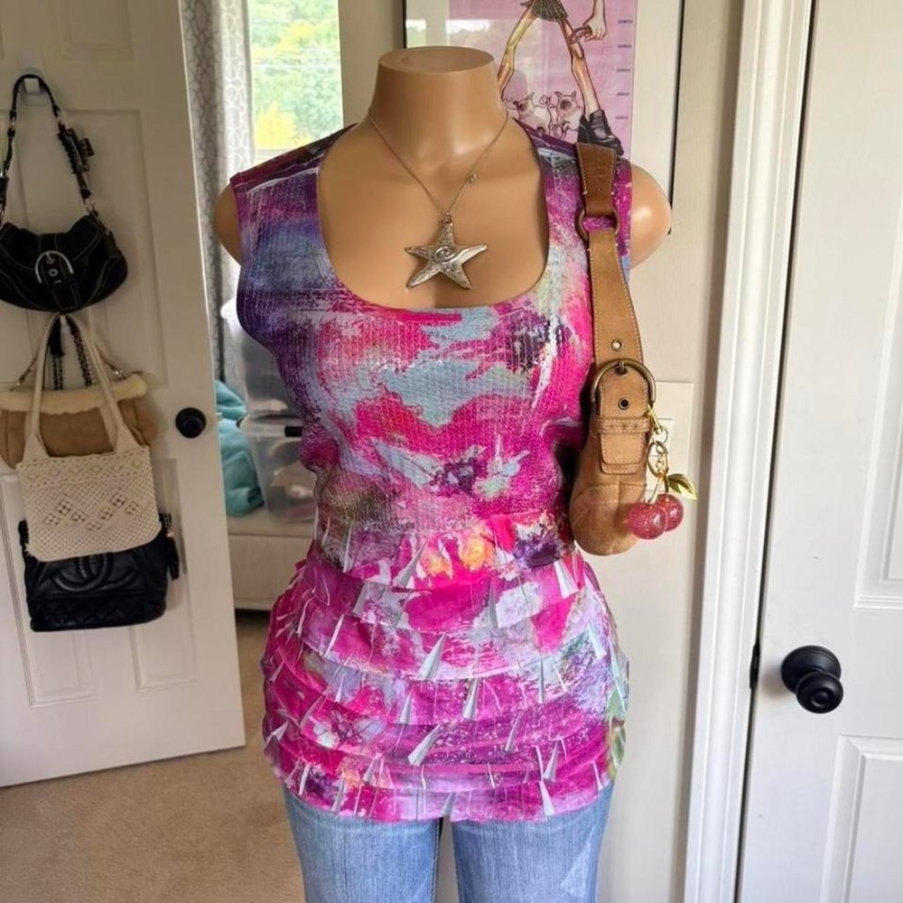 style & co y2k 2000s fairy‎ pink abstract floral ruffled tank top